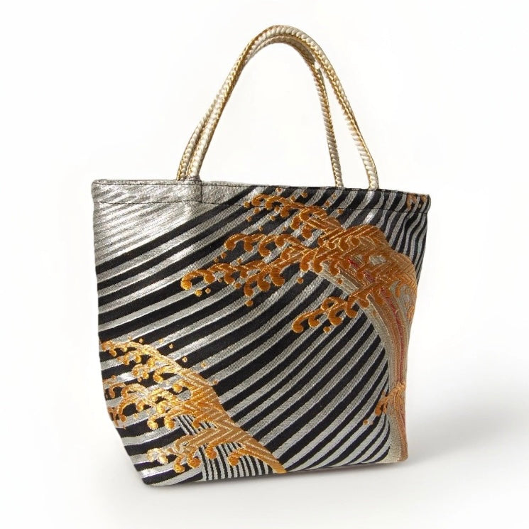 Vintage Fukuro Obi Mini Tote Bag — Gold Standing Wave on Black & Silver Silk
