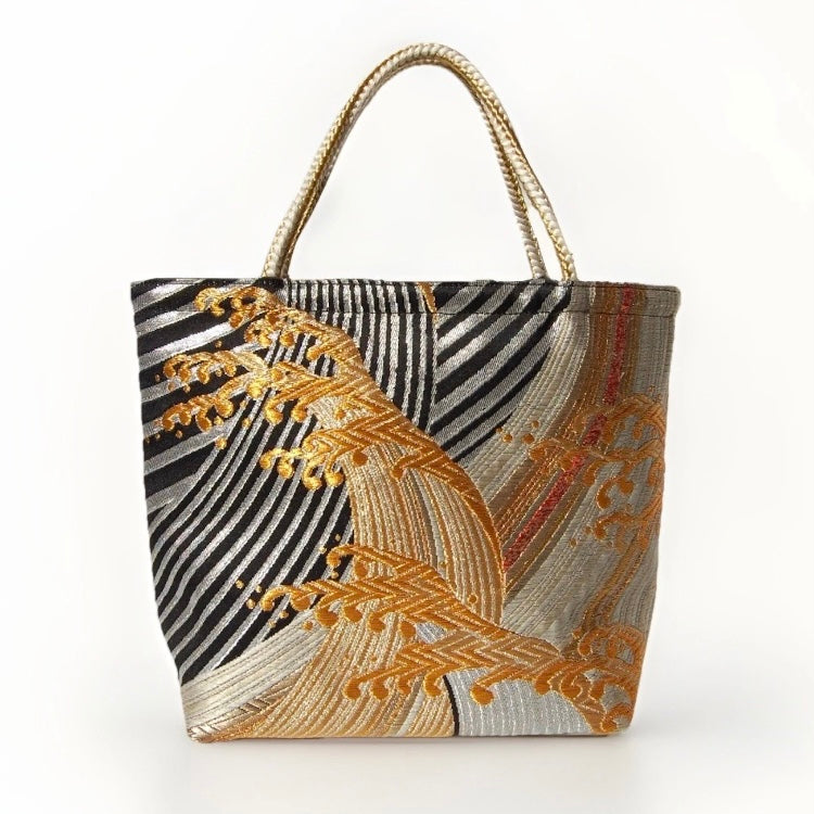 Vintage Fukuro Obi Mini Tote Bag — Gold Standing Wave on Black & Silver Silk