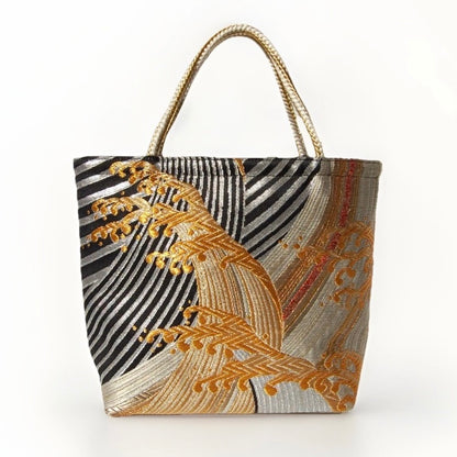 Vintage Fukuro Obi Mini Tote Bag — Gold Standing Wave on Black & Silver Silk