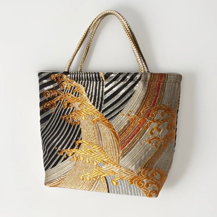 Vintage Fukuro Obi Mini Tote Bag — Gold Standing Wave on Black & Silver Silk