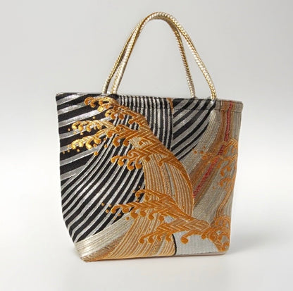 Vintage Fukuro Obi Mini Tote Bag — Gold Standing Wave on Black & Silver Silk