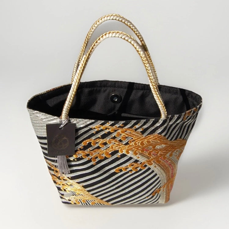 Vintage Fukuro Obi Mini Tote Bag — Gold Standing Wave on Black & Silver Silk