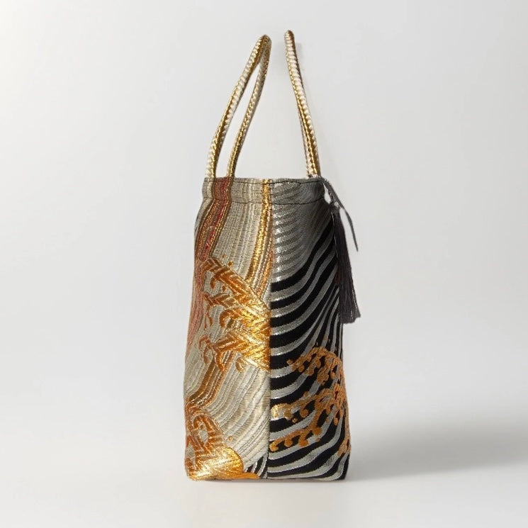 Vintage Fukuro Obi Mini Tote Bag — Gold Standing Wave on Black & Silver Silk