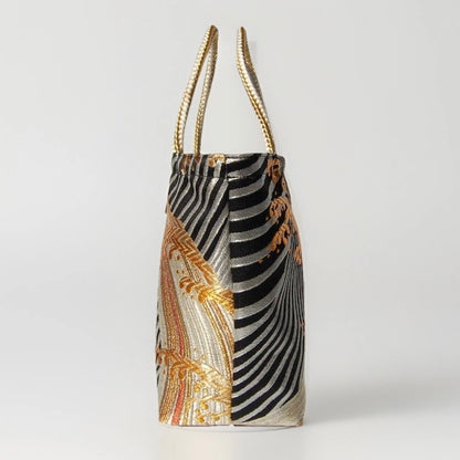 Vintage Fukuro Obi Mini Tote Bag — Gold Standing Wave on Black & Silver Silk