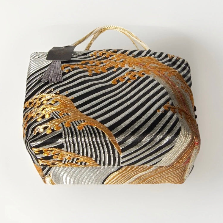 Vintage Fukuro Obi Mini Tote Bag — Gold Standing Wave on Black & Silver Silk