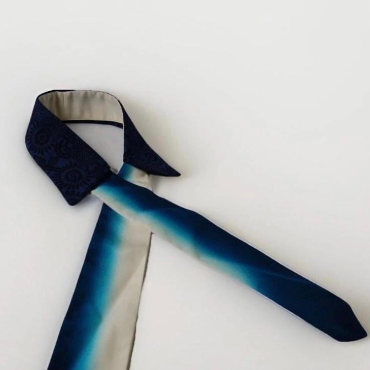 Vintage Komon Silk Detachable Collar Tie — Indigo 本藍 Kiku-Karakusa 菊唐草文