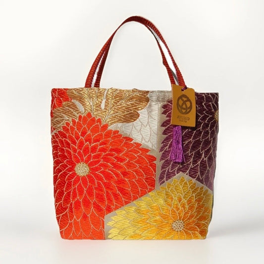 Kiku-zukushi 菊尽くし Vintage Obi Silk Tote in White Multi