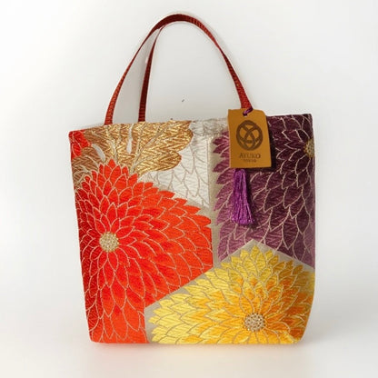 Kiku-zukushi 菊尽くし Vintage Obi Silk Tote in White Multi