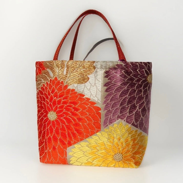 Kiku-zukushi 菊尽くし Vintage Obi Silk Tote in White Multi