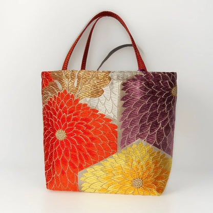 Kiku-zukushi 菊尽くし Vintage Obi Silk Tote in White Multi