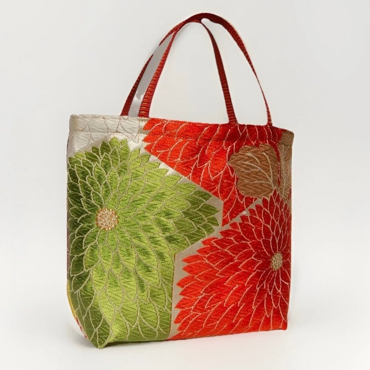 Kiku-zukushi 菊尽くし Vintage Obi Silk Tote in White Multi