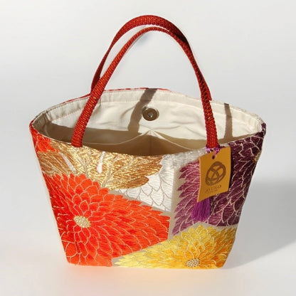 Kiku-zukushi 菊尽くし Vintage Obi Silk Tote in White Multi