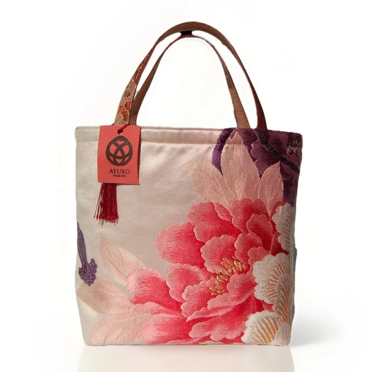 Vintage Fukuro Obi Mini Tote Bag — Red & Pink Peony on Pale Silk