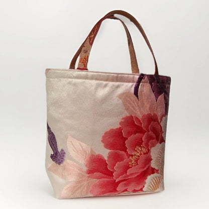 Vintage Fukuro Obi Mini Tote Bag — Red & Pink Peony on Pale Silk