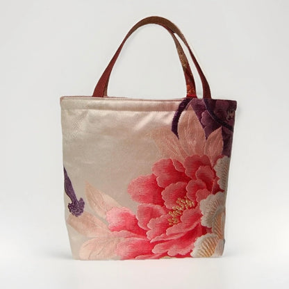 Vintage Fukuro Obi Mini Tote Bag — Red & Pink Peony on Pale Silk