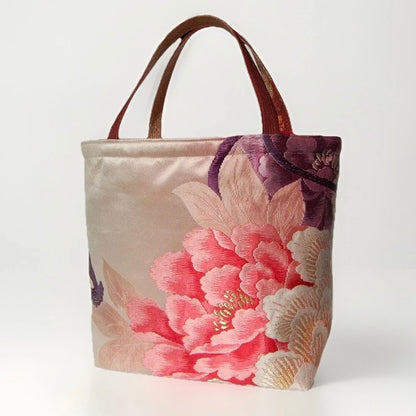 Vintage Fukuro Obi Mini Tote Bag — Red & Pink Peony on Pale Silk