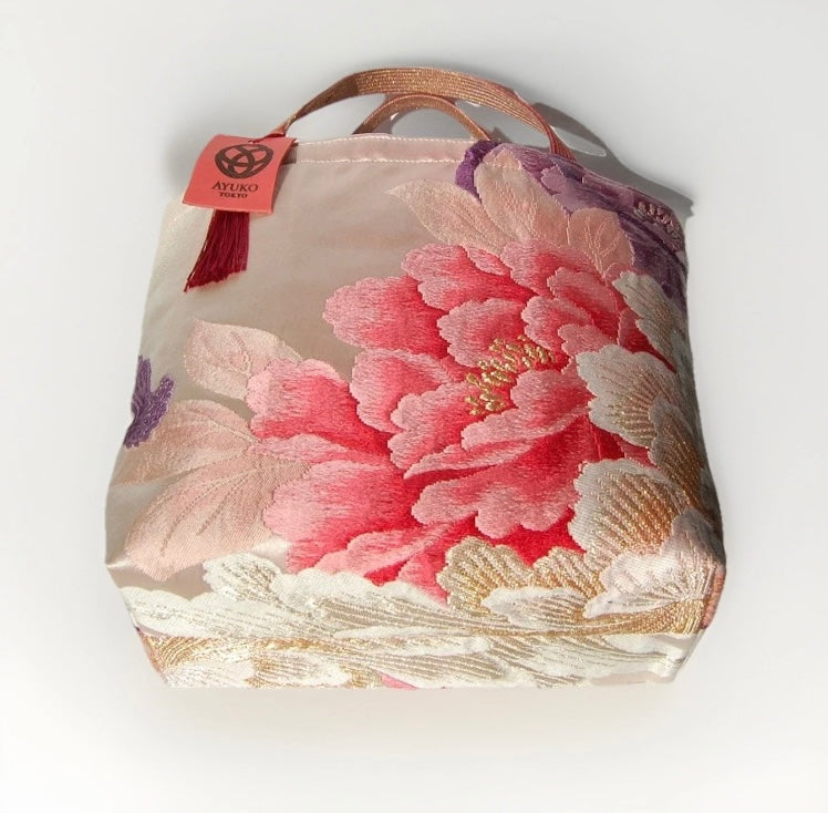 Vintage Fukuro Obi Mini Tote Bag — Red & Pink Peony on Pale Silk