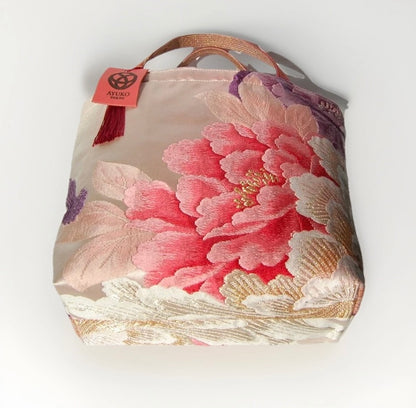 Vintage Fukuro Obi Mini Tote Bag — Red & Pink Peony on Pale Silk
