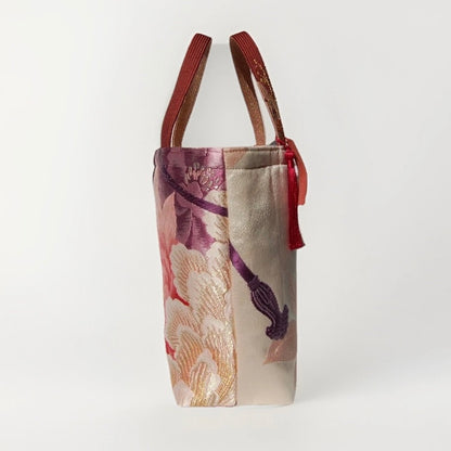 Vintage Fukuro Obi Mini Tote Bag — Red & Pink Peony on Pale Silk
