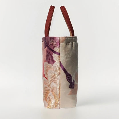 Vintage Fukuro Obi Mini Tote Bag — Red & Pink Peony on Pale Silk