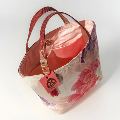 Vintage Fukuro Obi Mini Tote Bag — Red & Pink Peony on Pale Silk