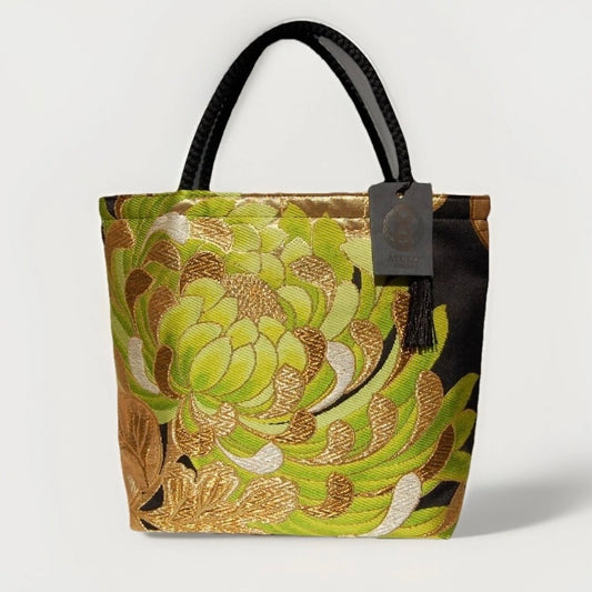 Rangiku 乱菊 Chrysanthemum Vintage Obi Silk Tote in Green Gold