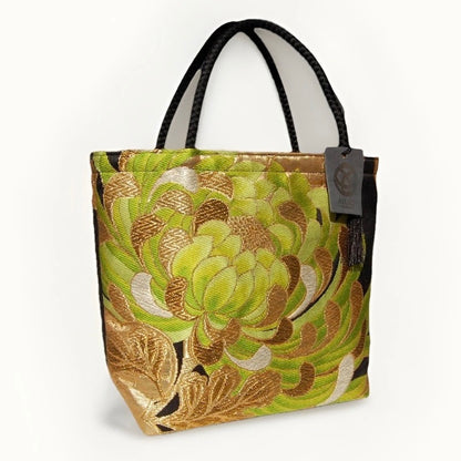Rangiku 乱菊 Chrysanthemum Vintage Obi Silk Tote in Green Gold