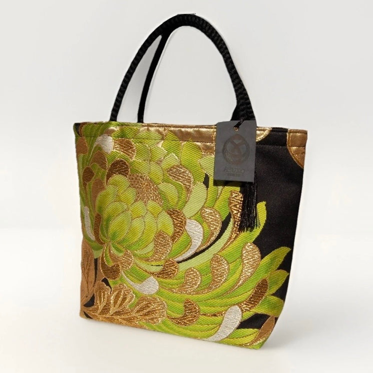 Rangiku 乱菊 Chrysanthemum Vintage Obi Silk Tote in Green Gold