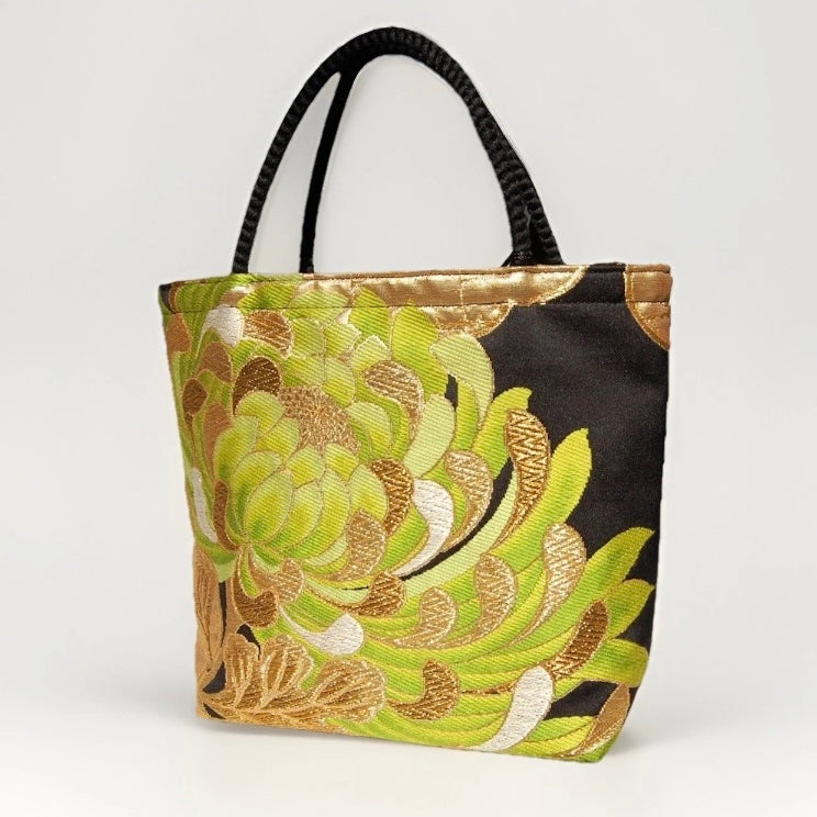 Rangiku 乱菊 Chrysanthemum Vintage Obi Silk Tote in Green Gold