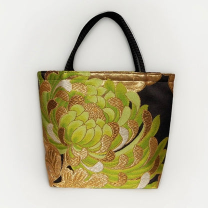 Rangiku 乱菊 Chrysanthemum Vintage Obi Silk Tote in Green Gold