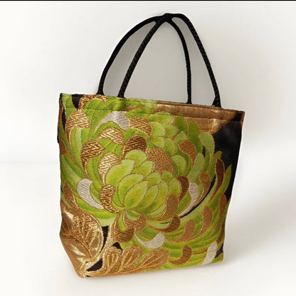 Rangiku 乱菊 Chrysanthemum Vintage Obi Silk Tote in Green Gold