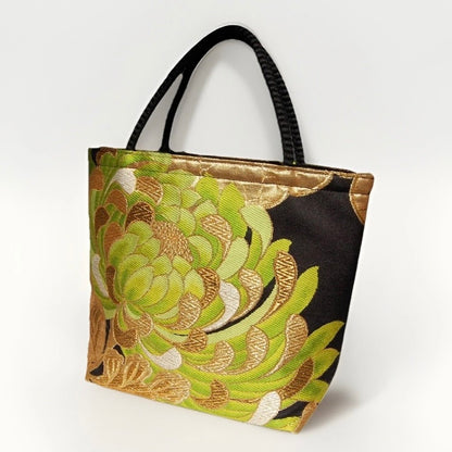 Rangiku 乱菊 Chrysanthemum Vintage Obi Silk Tote in Green Gold