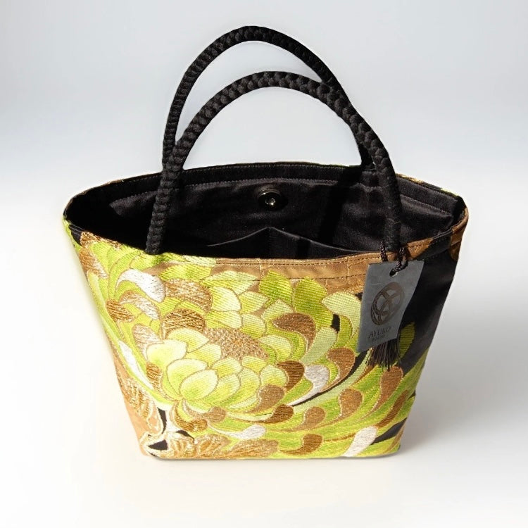 Rangiku 乱菊 Chrysanthemum Vintage Obi Silk Tote in Green Gold