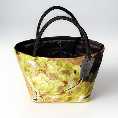 Rangiku 乱菊 Chrysanthemum Vintage Obi Silk Tote in Green Gold