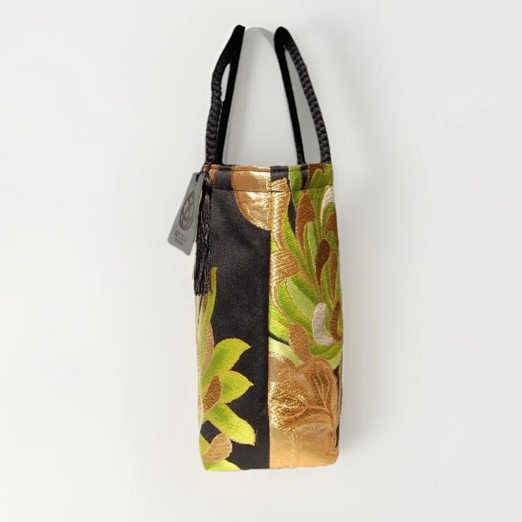 Rangiku 乱菊 Chrysanthemum Vintage Obi Silk Tote in Green Gold