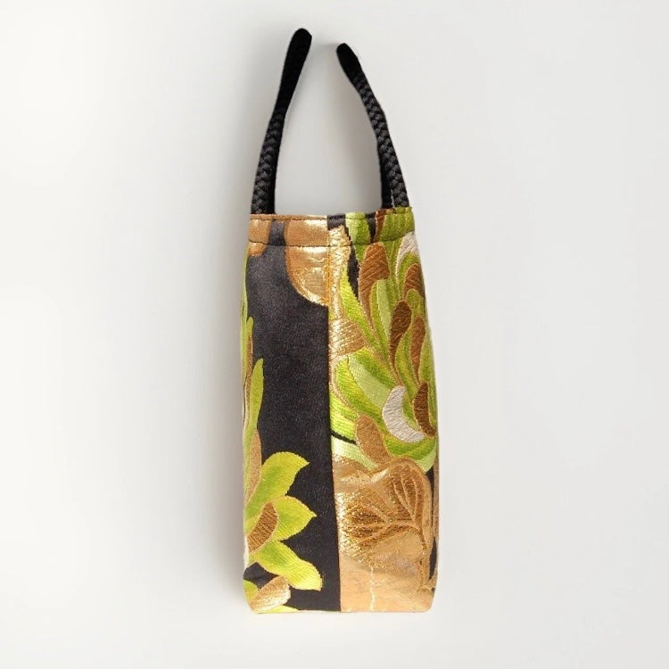 Rangiku 乱菊 Chrysanthemum Vintage Obi Silk Tote in Green Gold