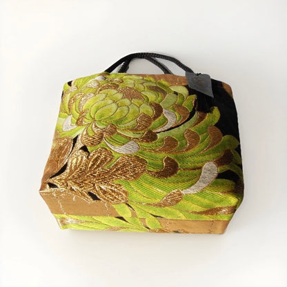 Rangiku 乱菊 Chrysanthemum Vintage Obi Silk Tote in Green Gold
