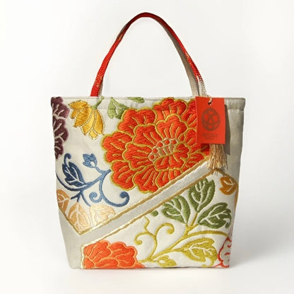 Vintage Fukuro Obi Mini Tote Bag — Orange Floral Motif on Silver Silk