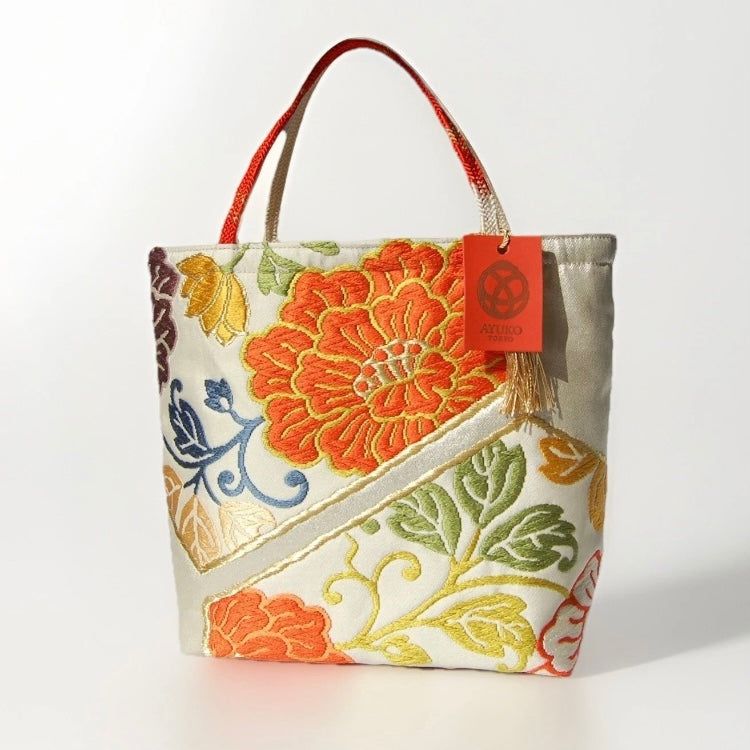 Vintage Fukuro Obi Mini Tote Bag — Orange Floral Motif on Silver Silk