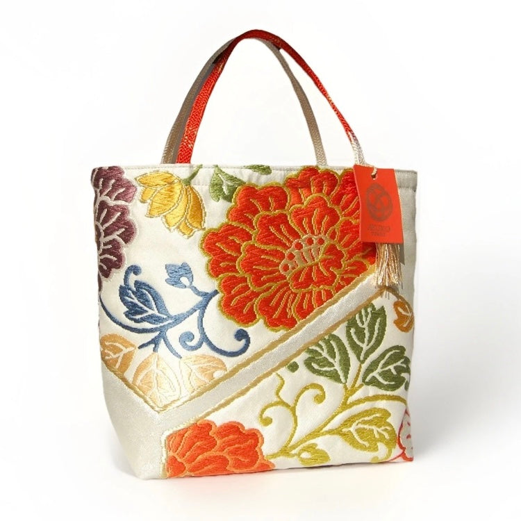 Vintage Fukuro Obi Mini Tote Bag — Orange Floral Motif on Silver Silk