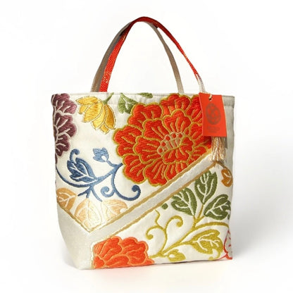 Vintage Fukuro Obi Mini Tote Bag — Orange Floral Motif on Silver Silk