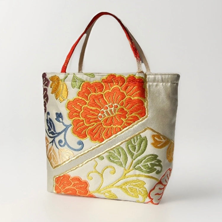 Vintage Fukuro Obi Mini Tote Bag — Orange Floral Motif on Silver Silk