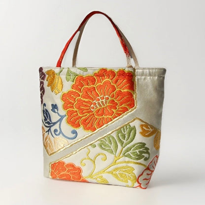 Vintage Fukuro Obi Mini Tote Bag — Orange Floral Motif on Silver Silk