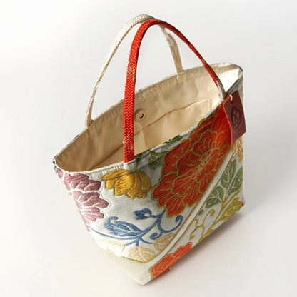 Vintage Fukuro Obi Mini Tote Bag — Orange Floral Motif on Silver Silk
