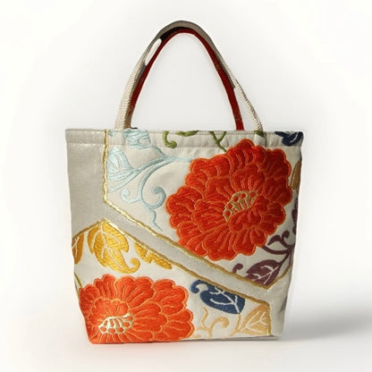 Vintage Fukuro Obi Mini Tote Bag — Orange Floral Motif on Silver Silk