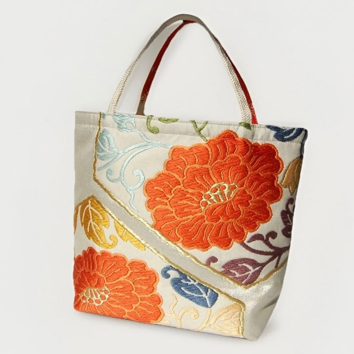 Vintage Fukuro Obi Mini Tote Bag — Orange Floral Motif on Silver Silk