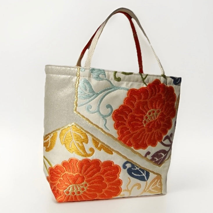 Vintage Fukuro Obi Mini Tote Bag — Orange Floral Motif on Silver Silk
