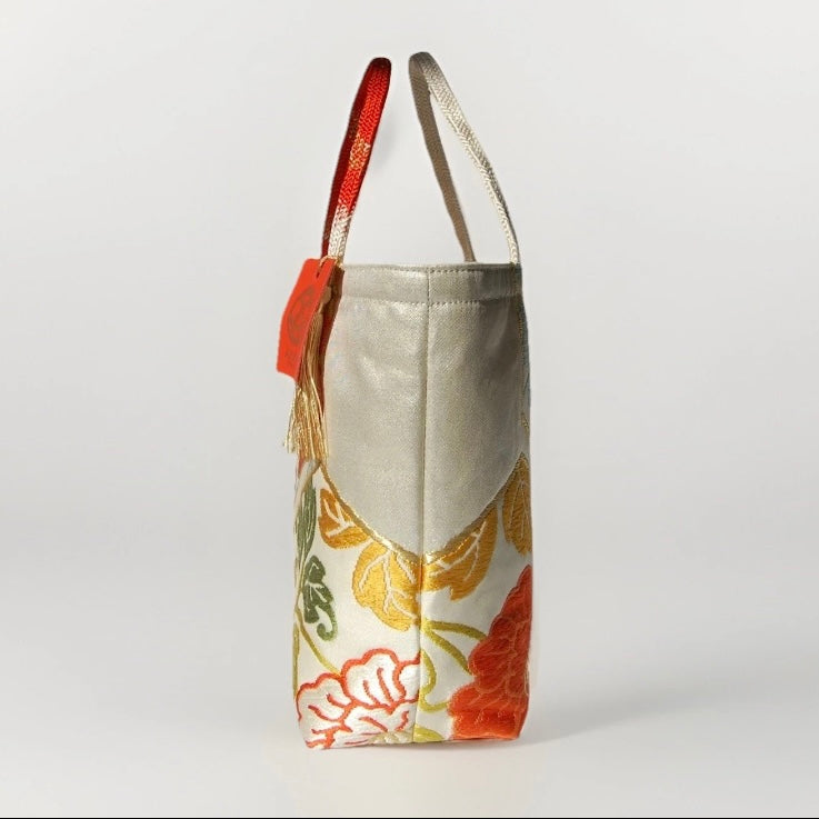 Vintage Fukuro Obi Mini Tote Bag — Orange Floral Motif on Silver Silk