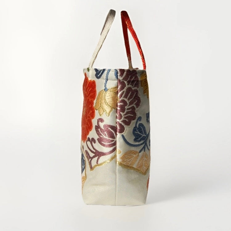 Vintage Fukuro Obi Mini Tote Bag — Orange Floral Motif on Silver Silk