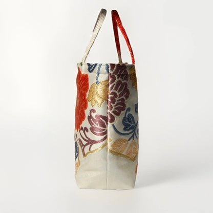 Vintage Fukuro Obi Mini Tote Bag — Orange Floral Motif on Silver Silk